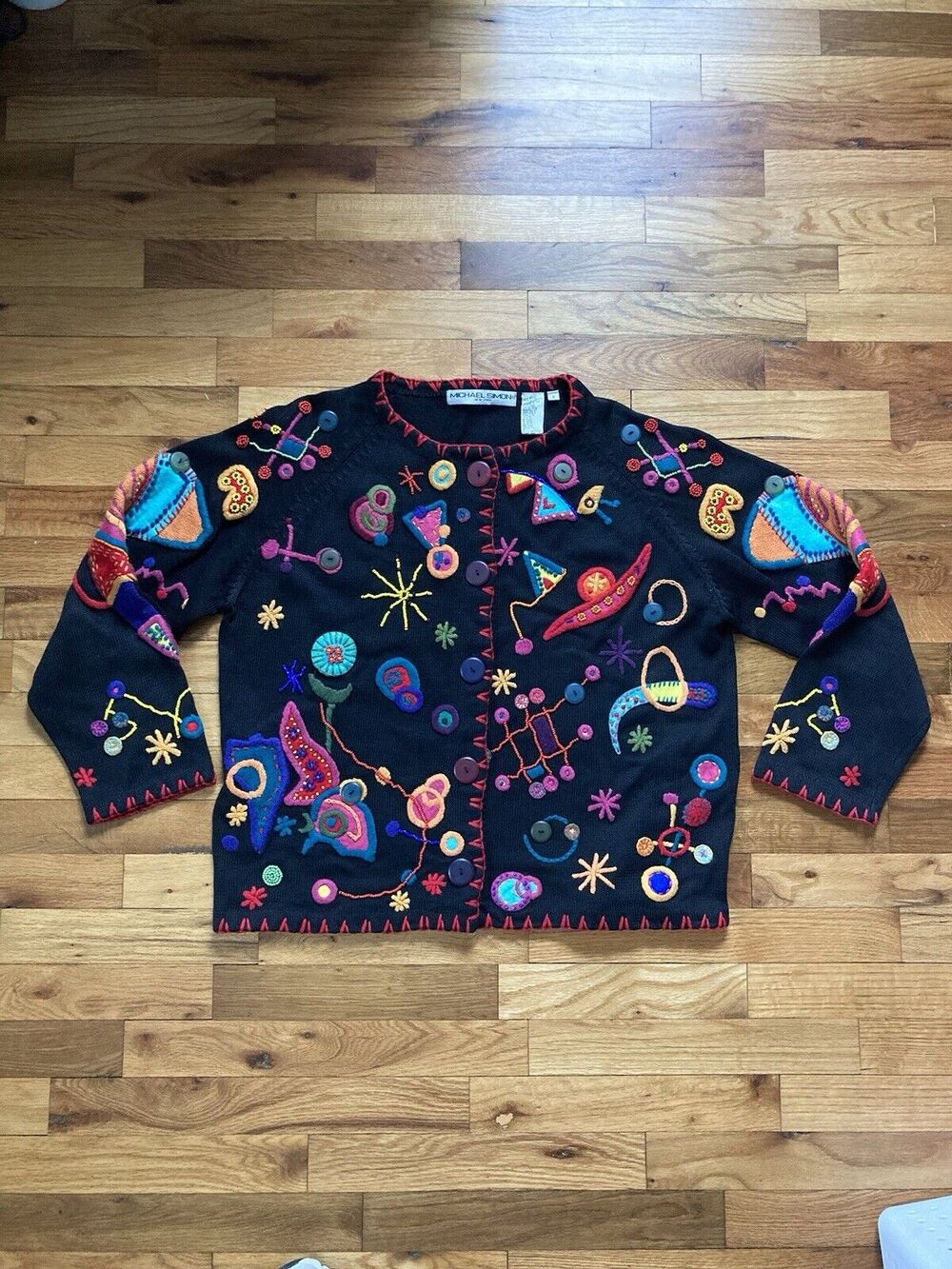 Michael Simon Vtg 1993 Embroidery Beaded Art To Wear Mrs Frizzle Sweater 2 Large - Picture 1 of 8